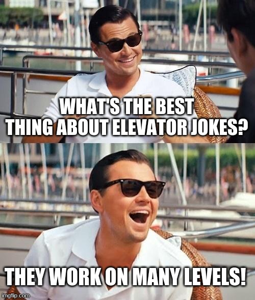 Leonardo Dicaprio Wolf Of Wall Street | WHAT'S THE BEST THING ABOUT ELEVATOR JOKES? THEY WORK ON MANY LEVELS! | image tagged in memes,leonardo dicaprio wolf of wall street,funny,elevator,lol so funny | made w/ Imgflip meme maker