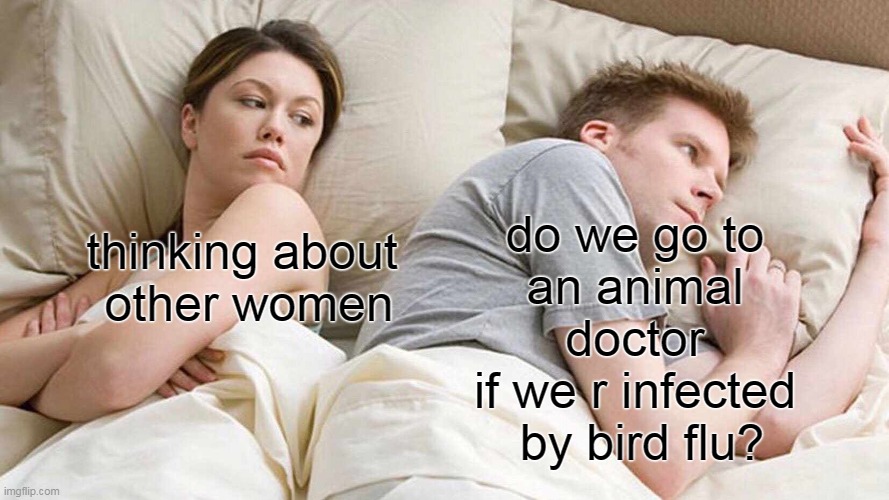 I Bet He's Thinking About Other Women Meme | do we go to
an animal
 doctor 
if we r infected
 by bird flu? thinking about
 other women | image tagged in memes,i bet he's thinking about other women | made w/ Imgflip meme maker