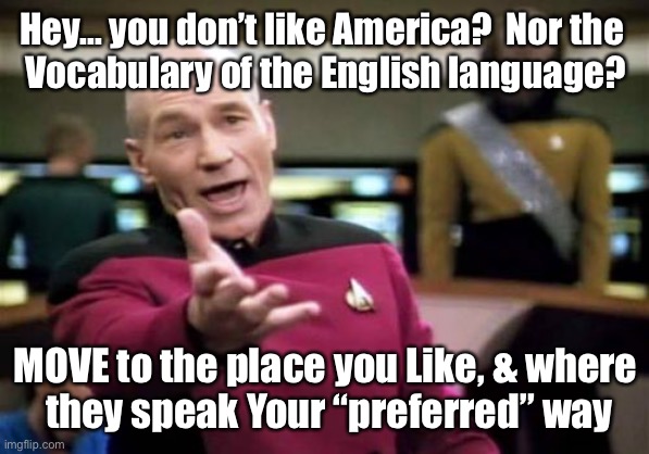 Picard Wtf | Hey... you don’t like America?  Nor the 
Vocabulary of the English language? MOVE to the place you Like, & where
 they speak Your “preferred” way | image tagged in memes,picard wtf | made w/ Imgflip meme maker