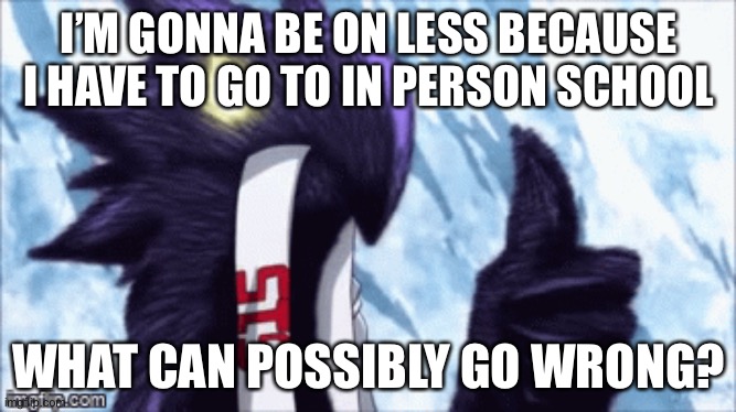 I’M GONNA BE ON LESS BECAUSE I HAVE TO GO TO IN PERSON SCHOOL; WHAT CAN POSSIBLY GO WRONG? | image tagged in dark shadow thumbs up | made w/ Imgflip meme maker