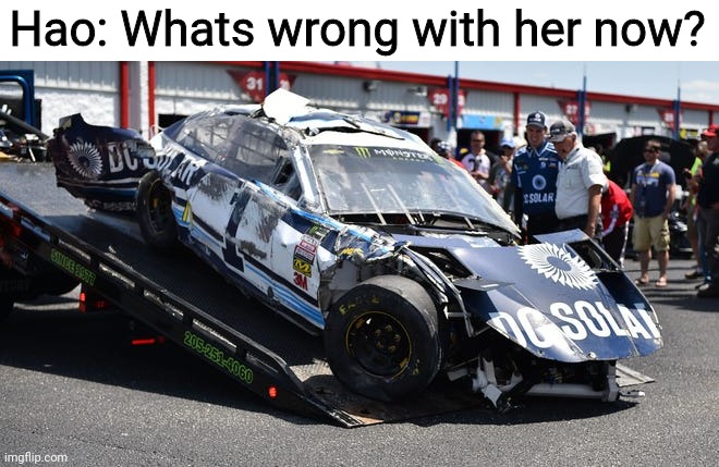 Hmmmm, I can't put my finger on it | Hao: Whats wrong with her now? | image tagged in gta 5,nascar | made w/ Imgflip meme maker