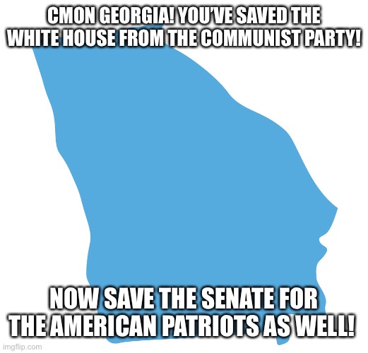 Blue georgia | CMON GEORGIA! YOU’VE SAVED THE WHITE HOUSE FROM THE COMMUNIST PARTY! NOW SAVE THE SENATE FOR THE AMERICAN PATRIOTS AS WELL! | image tagged in blue georgia | made w/ Imgflip meme maker