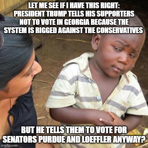 Third World Skeptical Kid Meme | LET ME SEE IF I HAVE THIS RIGHT: PRESIDENT TRUMP TELLS HIS SUPPORTERS NOT TO VOTE IN GEORGIA BECAUSE THE SYSTEM IS RIGGED AGAINST THE CONSERVATIVES; BUT HE TELLS THEM TO VOTE FOR SENATORS PURDUE AND LOEFFLER ANYWAY? | image tagged in memes,third world skeptical kid | made w/ Imgflip meme maker