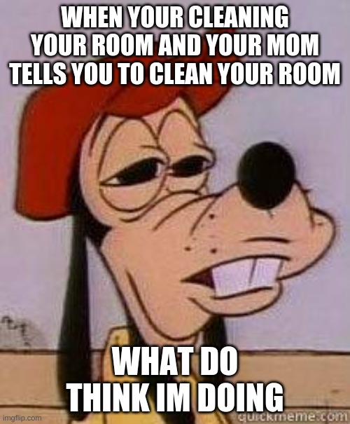 Stoned goofy | WHEN YOUR CLEANING YOUR ROOM AND YOUR MOM TELLS YOU TO CLEAN YOUR ROOM; WHAT DO THINK IM DOING | image tagged in stoned goofy | made w/ Imgflip meme maker