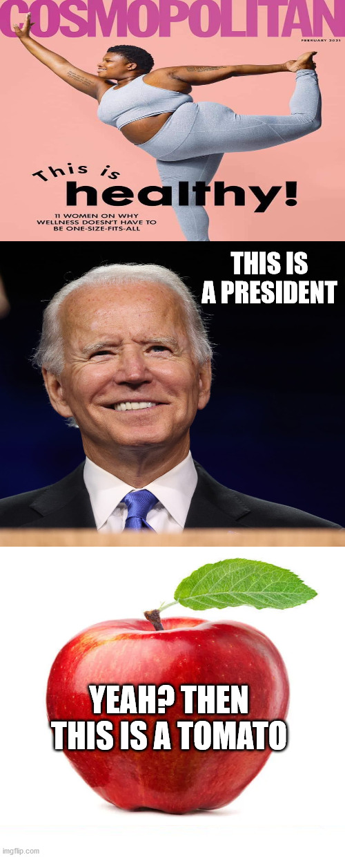 reality gets stranger everyday |  THIS IS A PRESIDENT; YEAH? THEN THIS IS A TOMATO | image tagged in biden,cosmopoitan,fat | made w/ Imgflip meme maker