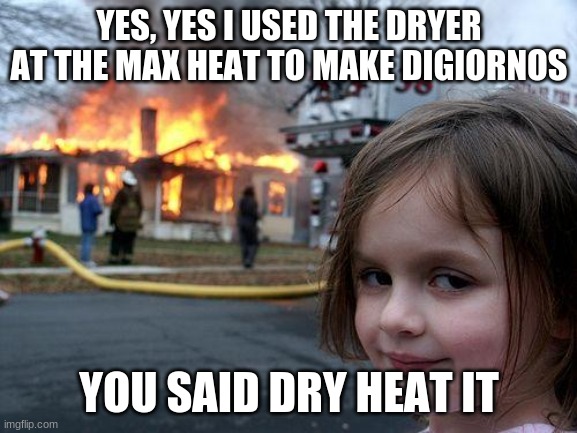Disaster Girl Meme | YES, YES I USED THE DRYER AT THE MAX HEAT TO MAKE DIGIORNOS; YOU SAID DRY HEAT IT | image tagged in memes,disaster girl | made w/ Imgflip meme maker