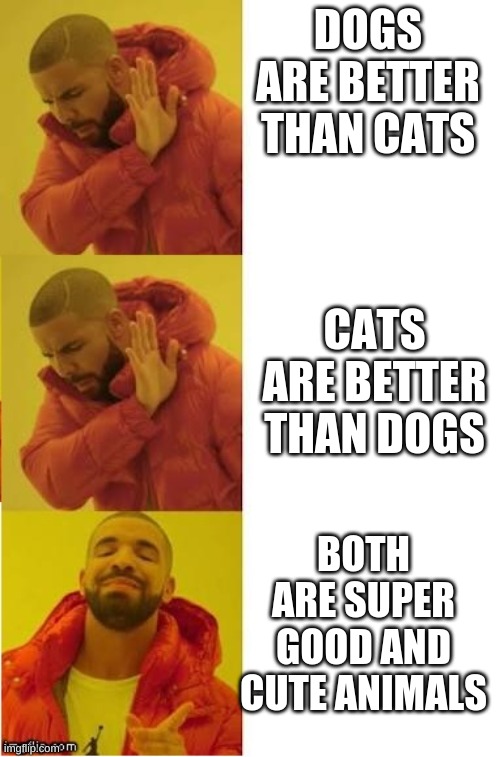drake no no yes | DOGS ARE BETTER THAN CATS; CATS ARE BETTER THAN DOGS; BOTH ARE SUPER GOOD AND CUTE ANIMALS | image tagged in drake no no yes,memes,funny,cats,dogs,animals | made w/ Imgflip meme maker