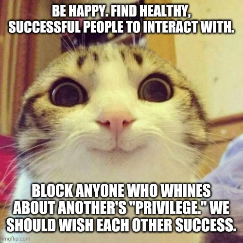 happy | BE HAPPY. FIND HEALTHY, SUCCESSFUL PEOPLE TO INTERACT WITH. BLOCK ANYONE WHO WHINES ABOUT ANOTHER'S "PRIVILEGE." WE SHOULD WISH EACH OTHER SUCCESS. | image tagged in memes,smiling cat | made w/ Imgflip meme maker