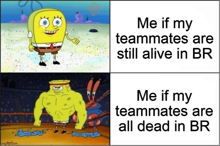 Me and my "Lost Teammate" Adrenaline Clutch | Me if my teammates are still alive in BR; Me if my teammates are all dead in BR | image tagged in weak vs strong spongebob | made w/ Imgflip meme maker