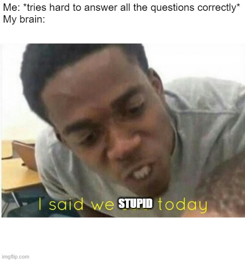 i said we stupid today | Me: *tries hard to answer all the questions correctly*
My brain:; STUPID | image tagged in i said we ____ today | made w/ Imgflip meme maker