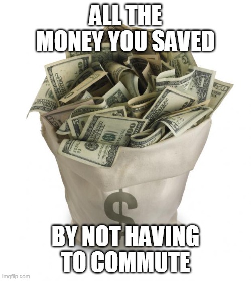 How to stay positive in lockdown | ALL THE MONEY YOU SAVED; BY NOT HAVING TO COMMUTE | image tagged in bag of money,memes,positivity,savings | made w/ Imgflip meme maker
