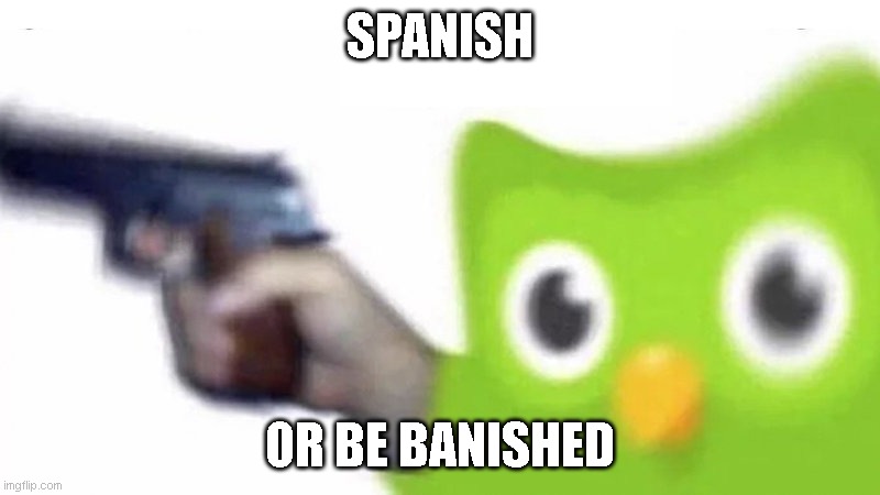 duolingo gun | SPANISH; OR BE BANISHED | image tagged in duolingo gun | made w/ Imgflip meme maker