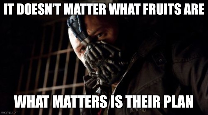 Permission Bane Meme | IT DOESN’T MATTER WHAT FRUITS ARE WHAT MATTERS IS THEIR PLAN | image tagged in memes,permission bane | made w/ Imgflip meme maker