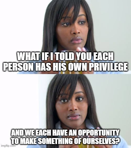 Black Woman Drinking Tea (2 Panels) | WHAT IF I TOLD YOU EACH PERSON HAS HIS OWN PRIVILEGE; AND WE EACH HAVE AN OPPORTUNITY TO MAKE SOMETHING OF OURSELVES? | image tagged in black woman drinking tea 2 panels | made w/ Imgflip meme maker