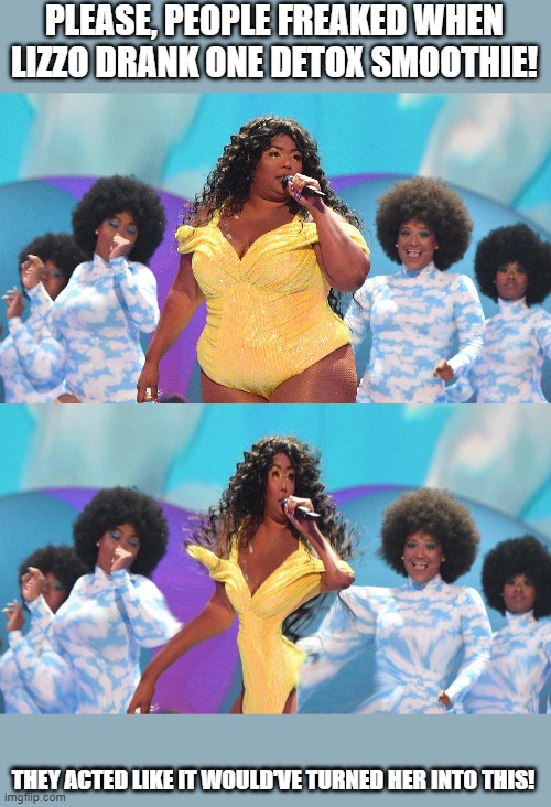 PLEASE, PEOPLE FREAKED WHEN LIZZO DRANK ONE DETOX SMOOTHIE! THEY ACTED LIKE IT WOULD'VE TURNED HER INTO THIS! | image tagged in what would lizzo do | made w/ Imgflip meme maker