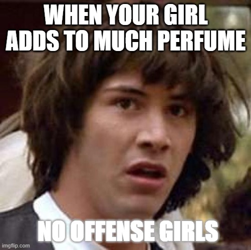Conspiracy Keanu Meme | WHEN YOUR GIRL ADDS TO MUCH PERFUME; NO OFFENSE GIRLS | image tagged in memes,conspiracy keanu | made w/ Imgflip meme maker