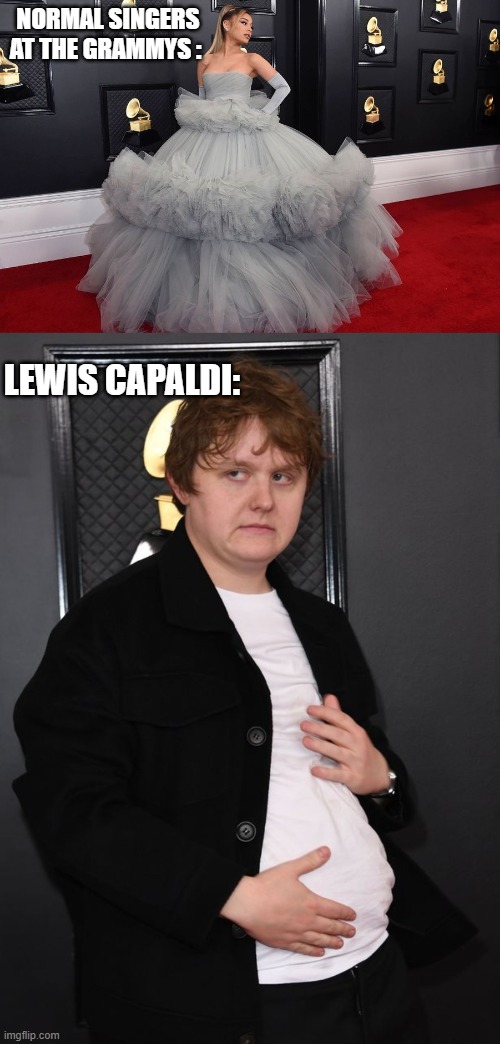 SIngers at the grammys vs Lewis Capaldi at the grammys | NORMAL SINGERS AT THE GRAMMYS :; LEWIS CAPALDI: | image tagged in funny memes,lewis,ariana grande | made w/ Imgflip meme maker