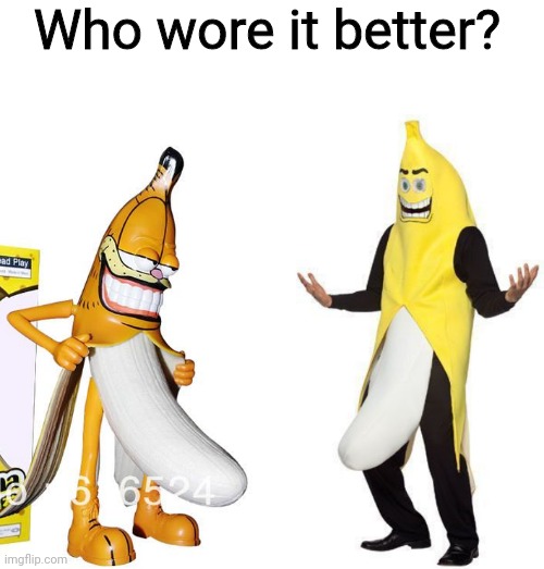 Who is better banana | Who wore it better? | image tagged in banana,banana garfield,banana costume,cursed image | made w/ Imgflip meme maker