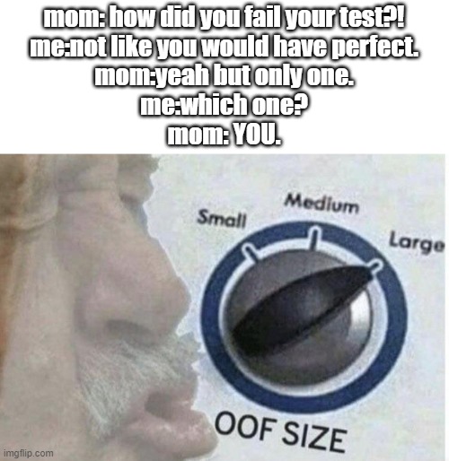 When you fail a test | mom: how did you fail your test?!
me:not like you would have perfect.
mom:yeah but only one.
me:which one?
mom: YOU. | image tagged in oof size large | made w/ Imgflip meme maker