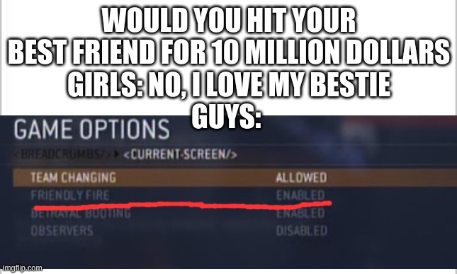 WOULD YOU HIT YOUR BEST FRIEND FOR 10 MILLION DOLLARS
GIRLS: NO, I LOVE MY BESTIE
GUYS: | made w/ Imgflip meme maker