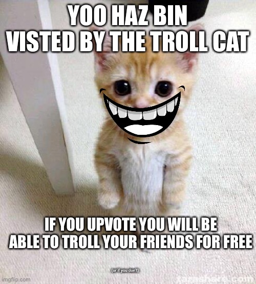 here comes the troll cat | YOO HAZ BIN VISTED BY THE TROLL CAT; IF YOU UPVOTE YOU WILL BE ABLE TO TROLL YOUR FRIENDS FOR FREE; (or if you don’t) | image tagged in memes,cute cat,troll cat,cat,troll | made w/ Imgflip meme maker