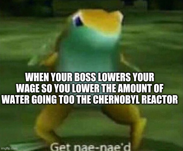 gEt NAe NaEd | WHEN YOUR BOSS LOWERS YOUR WAGE SO YOU LOWER THE AMOUNT OF WATER GOING TOO THE CHERNOBYL REACTOR | image tagged in get nae-nae'd,memes | made w/ Imgflip meme maker
