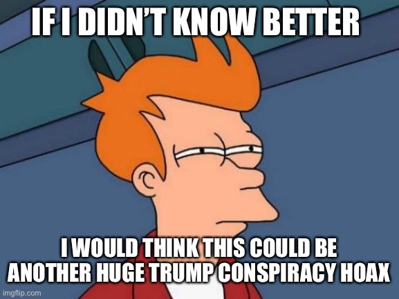 Futurama Fry Meme | IF I DIDN’T KNOW BETTER I WOULD THINK THIS COULD BE ANOTHER HUGE TRUMP CONSPIRACY HOAX | image tagged in memes,futurama fry | made w/ Imgflip meme maker