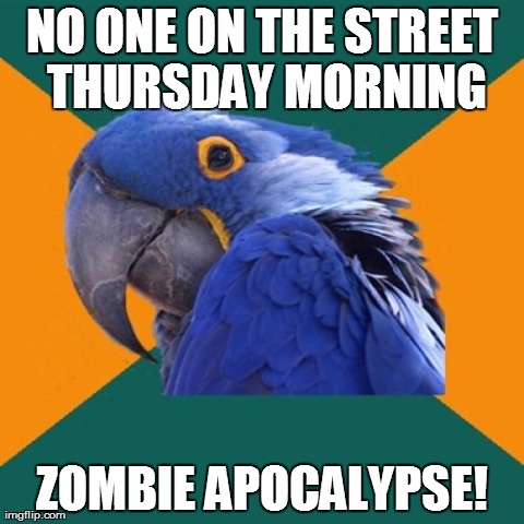 Today. 11/14/13 : 7am-10am. No cars. Very weird. | image tagged in memes,paranoid parrot,zombies,funny | made w/ Imgflip meme maker