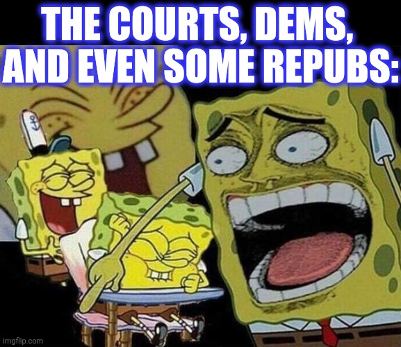 Spongebob laughing Hysterically | THE COURTS, DEMS, 
AND EVEN SOME REPUBS: | image tagged in spongebob laughing hysterically | made w/ Imgflip meme maker