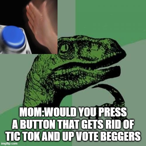 Philosoraptor Meme | MOM:WOULD YOU PRESS A BUTTON THAT GETS RID OF TIC TOK AND UP VOTE BEGGERS | image tagged in memes,philosoraptor | made w/ Imgflip meme maker
