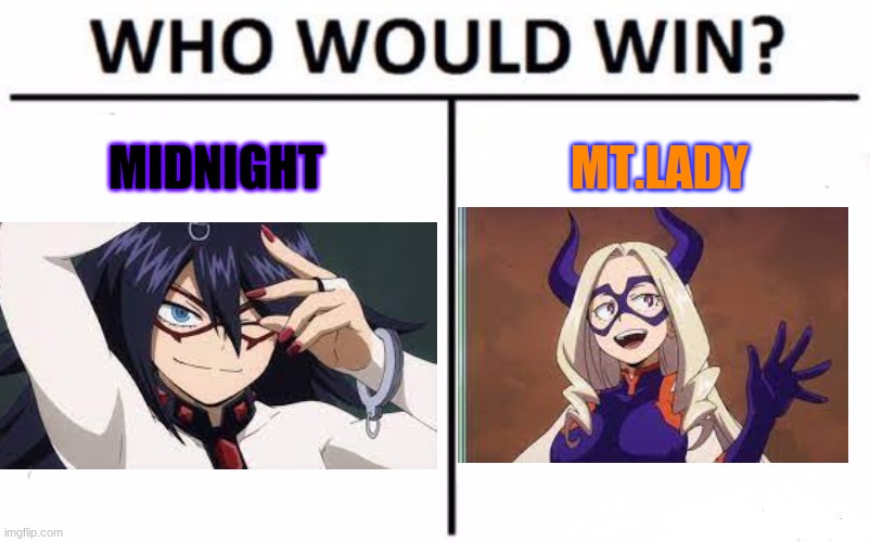 Midnight or Mt.Lady? | MIDNIGHT; MT.LADY | image tagged in who would win,midnight,vs,mountain,lady,my hero academia | made w/ Imgflip meme maker