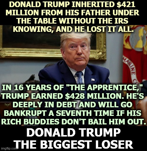 A Lifetime Loser | DONALD TRUMP INHERITED $421 
MILLION FROM HIS FATHER UNDER 
THE TABLE WITHOUT THE IRS 
KNOWING, AND HE LOST IT ALL. IN 16 YEARS OF "THE APPRENTICE," 
TRUMP EARNED $428 MILLION. HE'S 
DEEPLY IN DEBT AND WILL GO 
BANKRUPT A SEVENTH TIME IF HIS 
RICH BUDDIES DON'T BAIL HIM OUT. DONALD TRUMP
THE BIGGEST LOSER | image tagged in trump shrug arms folded eyes dilated,trump,bad,businessman,bankruptcy,loser | made w/ Imgflip meme maker
