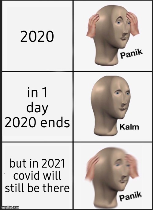 years | 2020; in 1 day 2020 ends; but in 2021 covid will still be there | image tagged in memes,panik kalm panik | made w/ Imgflip meme maker