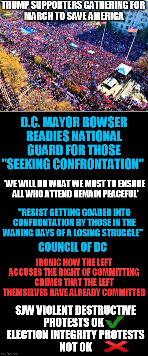 You Would Think Antifa & BLM Were Coming To Town!! | TRUMP SUPPORTERS GATHERING FOR 
MARCH TO SAVE AMERICA; D.C. MAYOR BOWSER READIES NATIONAL GUARD FOR THOSE "SEEKING CONFRONTATION"; 'WE WILL DO WHAT WE MUST TO ENSURE 
ALL WHO ATTEND REMAIN PEACEFUL'; "RESIST GETTING GOADED INTO CONFRONTATION BY THOSE IN THE WANING DAYS OF A LOSING STRUGGLE"; IRONIC HOW THE LEFT ACCUSES THE RIGHT OF COMMITTING CRIMES THAT THE LEFT THEMSELVES HAVE ALREADY COMMITTED; COUNCIL OF DC; SJW VIOLENT DESTRUCTIVE 
PROTESTS OK   
ELECTION INTEGRITY PROTESTS 
NOT OK | image tagged in politics,trump supporters,fair elections,election integrity,stop the steal,democrats cheat | made w/ Imgflip meme maker