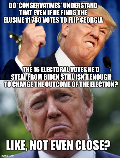 Am I taking crazy pills here? | DO ‘CONSERVATIVES’ UNDERSTAND THAT EVEN IF HE FINDS THE ELUSIVE 11,780 VOTES TO FLIP GEORGIA; THE 16 ELECTORAL VOTES HE’D STEAL FROM BIDEN STILL ISN’T ENOUGH TO CHANGE THE OUTCOME OF THE ELECTION? LIKE, NOT EVEN CLOSE? | image tagged in donald trump,sad donnie,georgia,election 2020,donald trump is an idiot | made w/ Imgflip meme maker