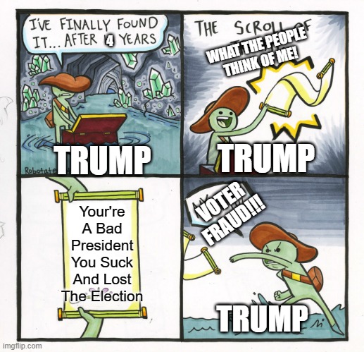 Im Not Trying to spread Hate, but... | WHAT THE PEOPLE THINK OF ME! 4; TRUMP; TRUMP; Your're A Bad President You Suck And Lost The Election; VOTER FRAUD!!! TRUMP | image tagged in memes,the scroll of truth | made w/ Imgflip meme maker