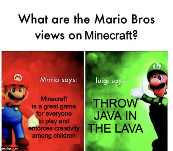 luigi. io | Minecraft; THROW JAVA IN THE LAVA; Minecraft is a great game for everyone to play and enforces creativity among children | image tagged in mario bros views | made w/ Imgflip meme maker