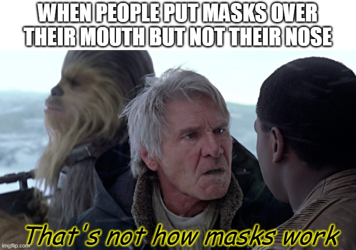 Han Solo - That's not how The Force works | WHEN PEOPLE PUT MASKS OVER THEIR MOUTH BUT NOT THEIR NOSE; That's not how masks work | image tagged in han solo - that's not how the force works | made w/ Imgflip meme maker