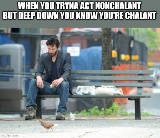 Sad Keanu | WHEN YOU TRYNA ACT NONCHALANT BUT DEEP DOWN YOU KNOW YOU'RE CHALANT | image tagged in memes,sad keanu | made w/ Imgflip meme maker