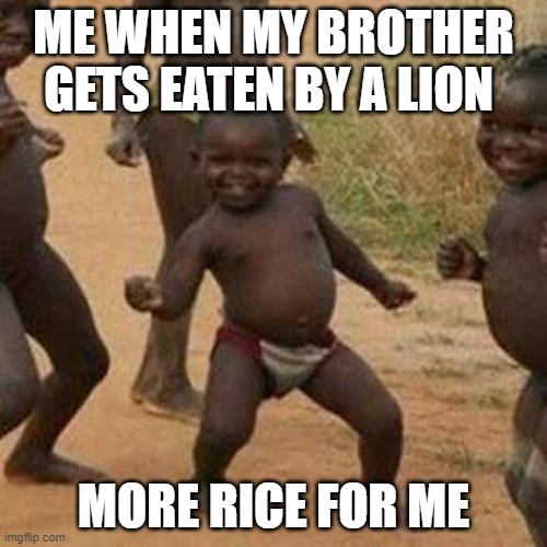 More rice for me |  ME WHEN MY BROTHER GETS EATEN BY A LION; MORE RICE FOR ME | image tagged in memes,third world success kid | made w/ Imgflip meme maker