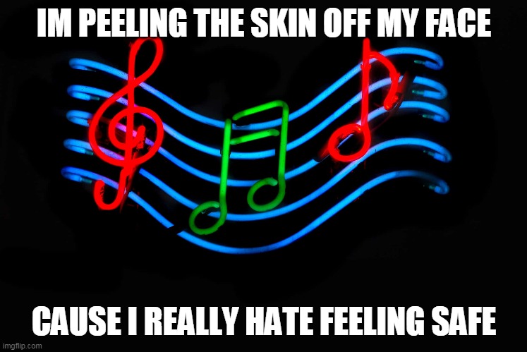 Guess the song 2 | IM PEELING THE SKIN OFF MY FACE; CAUSE I REALLY HATE FEELING SAFE | image tagged in music,songs | made w/ Imgflip meme maker