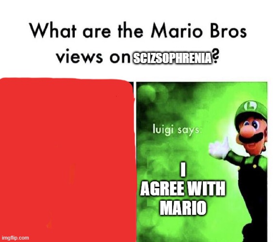 yes, im reposting this. | SCIZSOPHRENIA; I AGREE WITH MARIO | image tagged in mario bros views | made w/ Imgflip meme maker