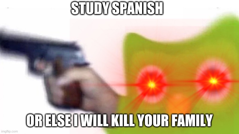 THE DUOLINGOKILLER | STUDY SPANISH; OR ELSE I WILL KILL YOUR FAMILY | image tagged in spooky scary skeleton | made w/ Imgflip meme maker