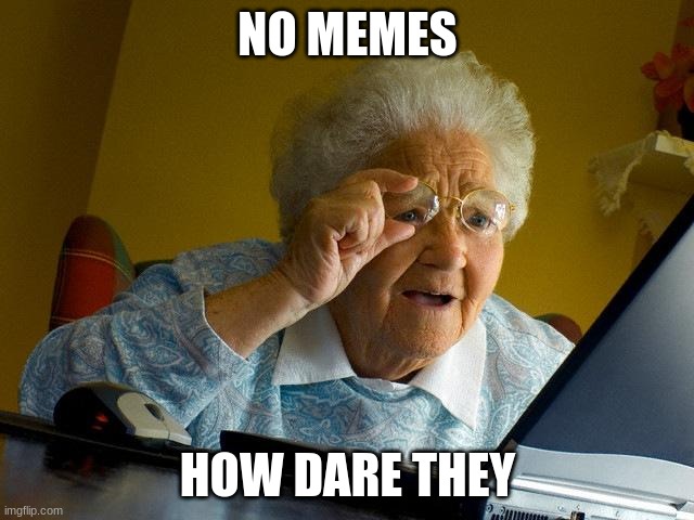 Grandma Finds The Internet | NO MEMES; HOW DARE THEY | image tagged in memes,grandma finds the internet | made w/ Imgflip meme maker