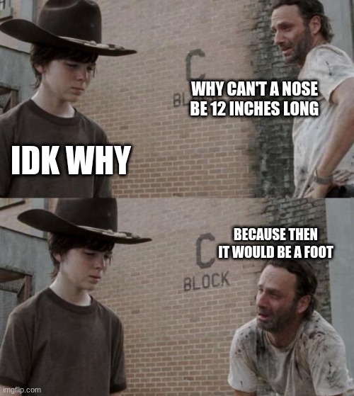 Rick and Carl Meme | WHY CAN'T A NOSE BE 12 INCHES LONG; IDK WHY; BECAUSE THEN IT WOULD BE A FOOT | image tagged in memes,rick and carl | made w/ Imgflip meme maker