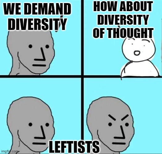 NPC Meme | WE DEMAND DIVERSITY HOW ABOUT DIVERSITY OF THOUGHT LEFTISTS | image tagged in npc meme | made w/ Imgflip meme maker