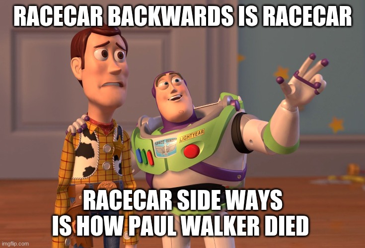 X, X Everywhere Meme | RACECAR BACKWARDS IS RACECAR; RACECAR SIDE WAYS IS HOW PAUL WALKER DIED | image tagged in memes,x x everywhere | made w/ Imgflip meme maker