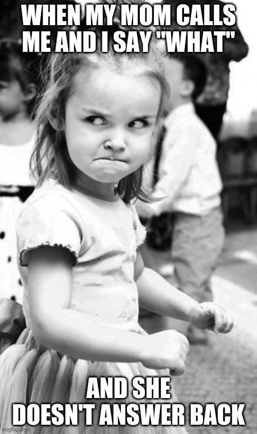 Angry Toddler Meme | WHEN MY MOM CALLS ME AND I SAY "WHAT"; AND SHE DOESN'T ANSWER BACK | image tagged in memes,angry toddler | made w/ Imgflip meme maker