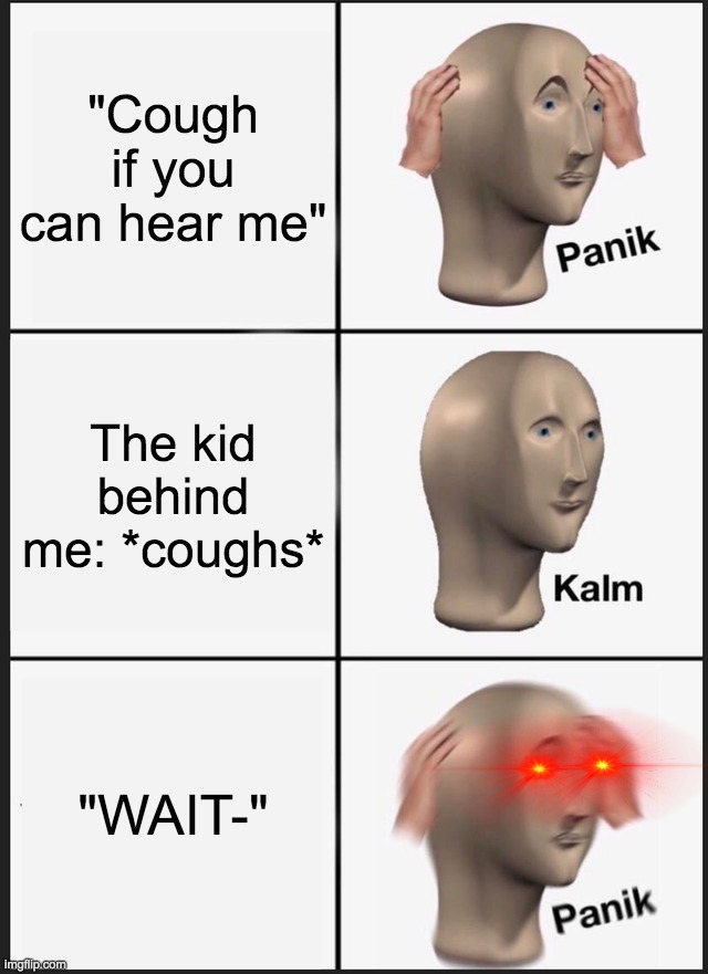 Ehem | "Cough if you can hear me"; The kid behind me: *coughs*; "WAIT-" | image tagged in memes,panik kalm panik | made w/ Imgflip meme maker