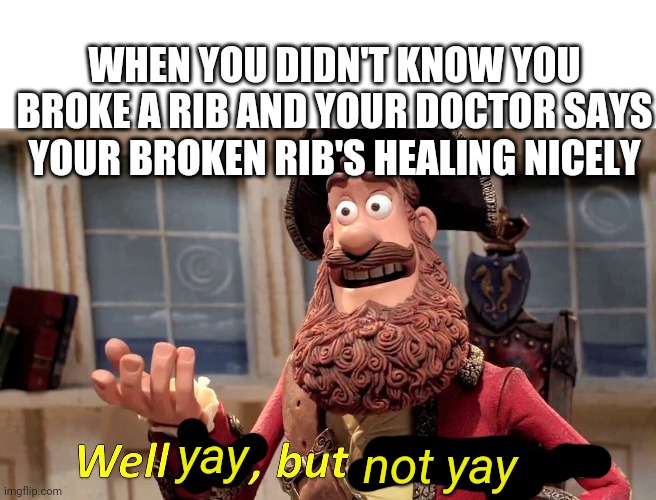 Didn't happen to me, happened to someone I know. A while ago now, I guess | WHEN YOU DIDN'T KNOW YOU BROKE A RIB AND YOUR DOCTOR SAYS YOUR BROKEN RIB'S HEALING NICELY; yay; not yay | image tagged in memes,well yes but actually no,not very epic | made w/ Imgflip meme maker